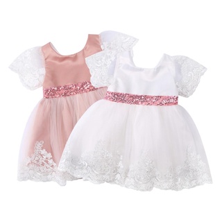 Precioso vestido de princesa de los niños, encaje recorte U-cuello de manga corta de una sola pieza con lentejuelas Bowknot para el verano, rosa/blanco, 0-5