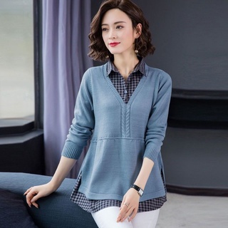Falso de dos piezas suéter cuello camisa primavera y otoño nuevo estilo suelto blusa costura fondo suéter