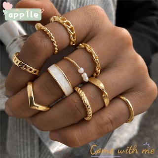 apple 10 unids/set mujeres joyería anillos conjunto de moda ancho cadena anillos de dedo regalo oro fiesta punk mujeres niñas irregular perla (1)