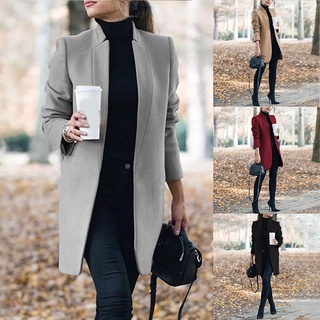 Mujer otoño e invierno Color sólido cuello de pie abrigo de lana