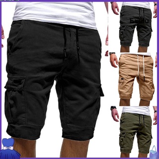 ed verano casual hombres color sólido pantalones cortos de carga multi-bolsillos cordón quinto pantalones