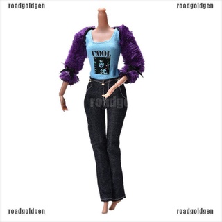 roco 3 unids/set abrigo de piel traje para barbie muñecas negro pantalones de piel púrpura abrigo moda niño 210824