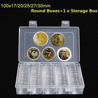 Caja de almacenamiento de monedas de 100 unidades, 17/20/25/27/30/mm, sujetador, plástico transparente, caja redonda (1)
