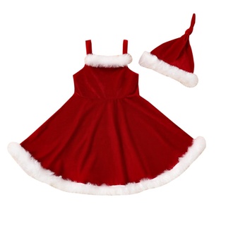 ✤Lx♔2 piezas de traje de navidad para niños, esponjoso costura de espagueti correa sin mangas Slip Dress + sombrero anudado para niñas, 18