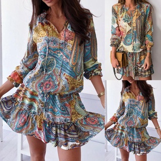yuerwuy Shirt Dress Vintage Print Ruffled Hem Women Long Sleeve V Neck Lace-up Dress for Beach