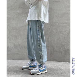 breasted jeans de los hombres de la calle alta niebla estilo de la marca de moda recta suelta de moda todo-partido ins estilo coreano ancho de la pierna papi pantalones