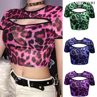 Alepposave Tops Leopard Slim mujer mujer cuello redondo manga corta blusa para fiesta (1)