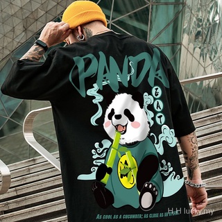 [Spike] Camiseta De Manga Corta Para Niños Panda Estilo De Calle De Gran Tamaño Impresión De Tendencia Masculina Suelta Cuello Redondo Ropa De Cinco Puntos Superior (1)