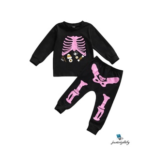 Jryônddler Girl 2Pcs disfraz de Halloween, manga larga esqueleto jersey Tops y pantalones conjunto