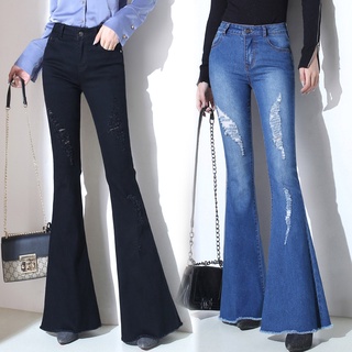 2021 otoño de las mujeres arrancó agujero Denim señoras Jeans mujeres cintura alta moda estiramiento llamarada pantalones vaqueros