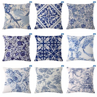 Funda De almohada De lino De 18 pulgadas Azul y blanca funda De cojín Sofá decoración del hogar