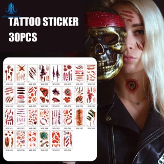 30 hojas de tatuajes temporales pegatinas falsas cicatriz tatuaje impermeable Halloween Zombie maquillaje conjunto de niña cara tatuaje pegatinas