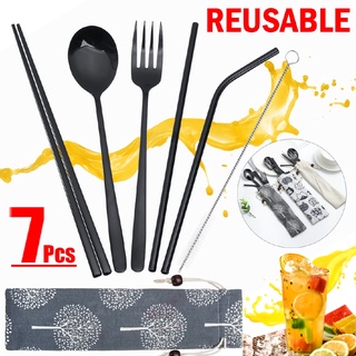 popote de metal de acero inoxidable reutilizable pajitas tenedor palillos + kit de cepillo (1)