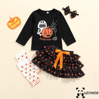 We-little girl traje de cuatro piezas lindo Halloween impresión Tops y falda de punto con diadema y calentador de piernas