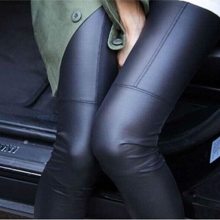 [bgk] leggings de imitación de cuero empalmadas para mujer, pantalones delgados, nueve pantalones de cuero
