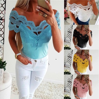 engfeimi Sexy Women Off Shoulder Solid Color Short Sleeve Lace Hollow Out T-Shirt Top