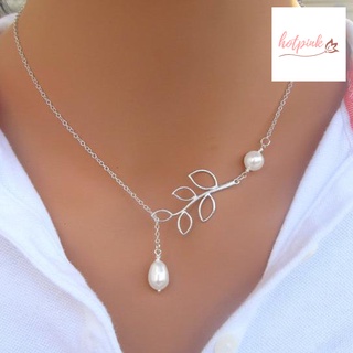 HO Women Fashion Hollow Leaf Faux Pearl Pendant Clavicle Chain Necklace Jewelry
