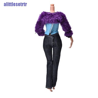 [ori] 3 unids/Set de abrigo de piel para muñecas Barbie pantalones negros piel púrpura abrigo moda niño (4)