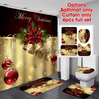 4PCS 180x180cm campana dorada feliz navidad cortina de ducha alfombrilla de suelo 12 ganchos (1)