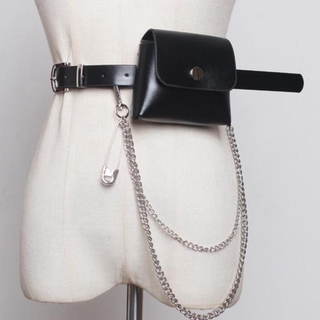 largo cuero de la pu de las mujeres de la cintura de los cinturones de la bolsa sólido vintage mini decorativo retro extraíble cadena