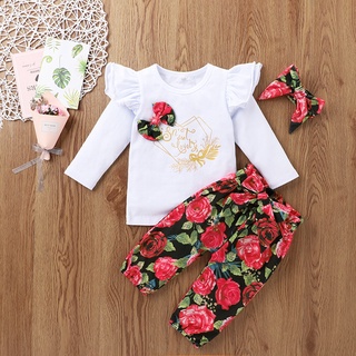 [XHSA]-Baby Kids Girls Alphabet Print Tops+Flower Pants+Bowknot Outfits Clothes Sets