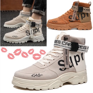 Kasut~ zapatos de seguridad supremo Retro botas de moda de los hombres de cuero botas de herramientas de alta parte superior Martin botas de lona zapatillas de deporte SUP al aire libre zapatos de correr Kasut