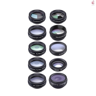 Anan APEXEL - Kit de lente de cámara de teléfono 10 en 1 con gran angular de 0,63 x + 15 x Macro + 198 ojo de pez + 2 x telefoto + CPL + filtro estrella +