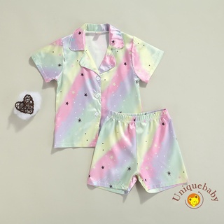 ☀Unitoddlers ropa de ocio, niños pequeños niñas estrella impresión gradiente Color manga corta solapa de un solo pecho Tops + pantalones cortos