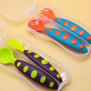 colorido seguro pp bebé cuchara+ tenedor antideslizante mango aprendizaje vajilla niños platos con caja de almacenamiento 2 unids/set