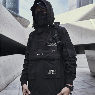 Techwear-chaqueta con capucha para hombre, cortavientos impermeable, color negro, para primavera