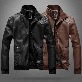 Hombres chaquetas de cuero de los hombres de cuello de pie abrigos para hombre motocicleta chaqueta de cuero Casual Slim marca ropa