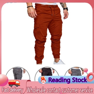 ygy_ hombres casual color sólido bolsillos cintura cordón tobillo atado flaco cargo pantalones (1)
