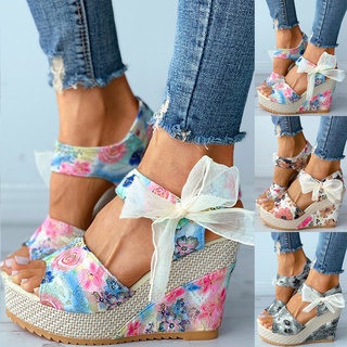 [EXQUIS] mujer señoras plataforma cuñas sandalias de moda flor cordones zapatos calzado