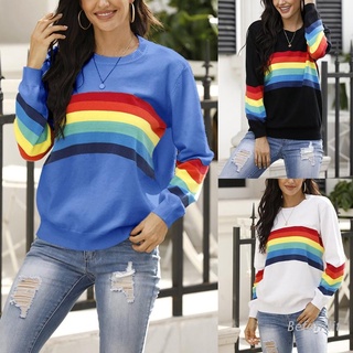 bef mujeres manga larga cuello redondo suéter arco iris rayas sueltas jersey prendas de punto tops
