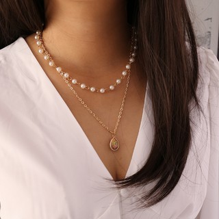 Moda bohemia perla piedra semipreciosa collar multicapa mujeres