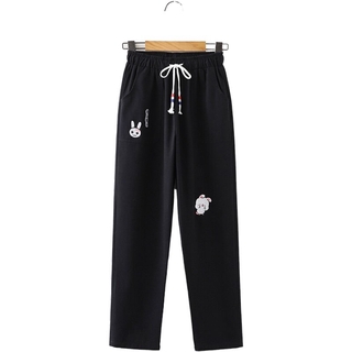 las mujeres pantalones de dibujos animados conejo bordado bolsillos rectos pantalones elásticos cintura algodón streetwear pantalon 2020 mujeres pantalones de verano