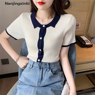 [Nanjingxinbi] Retro Student Versatile Short Sleeve Polo Collar Contrast Ice Silk T-Shirt Short T-Shirt Girl [HOT]