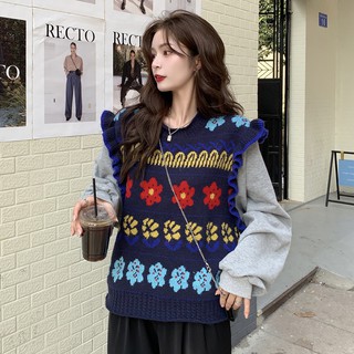 Loose Korean design sense fake two-piece splicing lace sweater blouse autumn new retro niche sweater