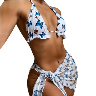 shein^_^ bikini de tres piezas con estampado de mariposa sexy para mujer
