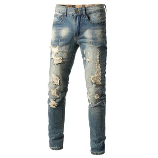 Fashion Mans Ripped Jeans Vintage Roto Destruido Desgastado Slim Azul Denim Pantalones