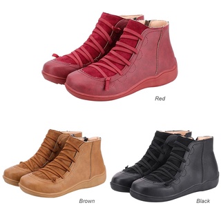 las mujeres de la moda de cuero de la pu botas de tobillo otoño invierno vintage color puro zapatos planos