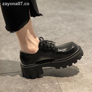 ☾▲♕Zapatos de tacón alto para mujer primavera y otoño 2021 nueva moda versión coreana del estilo británico de suela gruesa retro con cordones pequeños zapatos de cuero de tacón grueso (1)