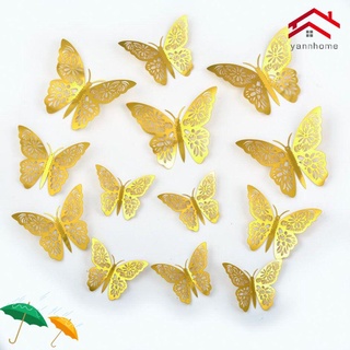 Yann 12 pzs/juego De calcomanías decorativas De plata De oro huecos 3d De Mariposas/stickers multicolores De Mariposas