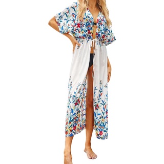 RG Women Short Sleeve Maxi Long Bikini Cover Up Bohemain Floral Printed Loose Kimono Cardigan Open Front Sunscreen Beach Dress