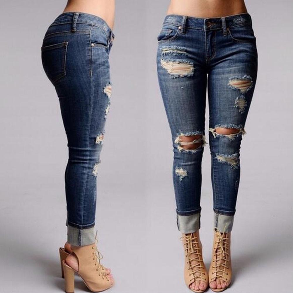 Mujer Skinny Ripped Hole Denim Jeans