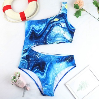 handyou de un hombro de cintura alta azul impresión hueco de las mujeres de una sola pieza traje de baño bikini para la piscina (4)
