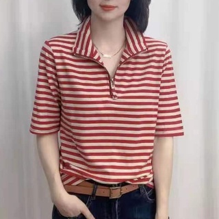 Camiseta polo camiseta manga rayada parte superior de la solapa femenina
