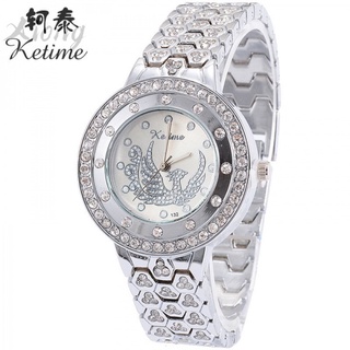 Reloj con cinturón de aleación de acero para mujer Pantalla de seda de pavo real de diamantes de imitación de cuarzo reloj de pulsera
