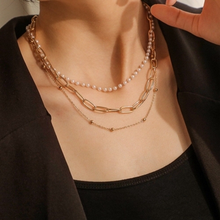 collar de perlas de imitación de tres capas multicapa de aleación collares de las mujeres de la moda salvaje espesar joyería regalos