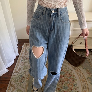 Pequeño agujero amor jeans mujeres verano 2021 nueva pierna ancha cintura alta división suelta recta pantalones largos delgados